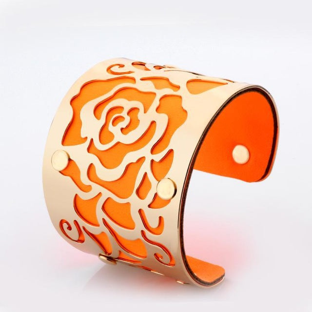 Gold-color Cuff  Bracelets H Love The Rose Flowers Bangles For Women Femme Jewelry Wide leather Bracelet Bangles S0001