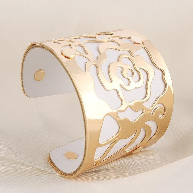 Gold-color Cuff  Bracelets H Love The Rose Flowers Bangles For Women Femme Jewelry Wide leather Bracelet Bangles S0001