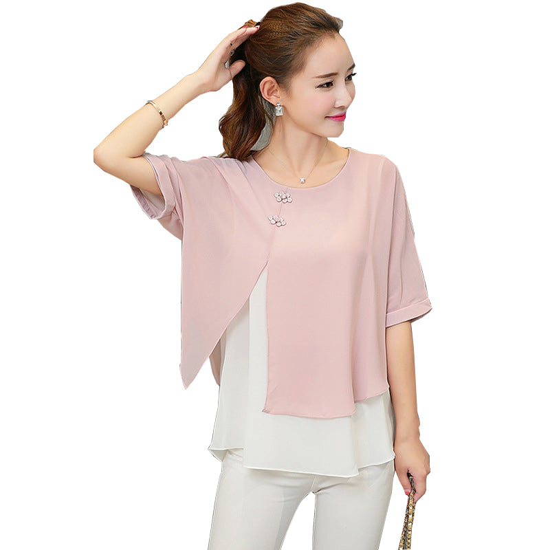 New Fashion Summer Loose Casual Women Chiffon Blouses Shirt Batwing Sleeve Two Layer Ladies Tops Buttons Blusas Clothing
