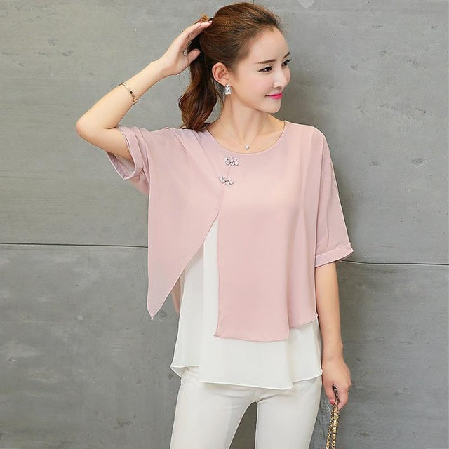 New Fashion Summer Loose Casual Women Chiffon Blouses Shirt Batwing Sleeve Two Layer Ladies Tops Buttons Blusas Clothing