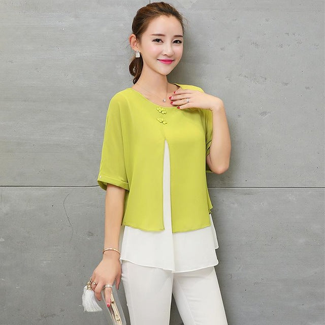 New Fashion Summer Loose Casual Women Chiffon Blouses Shirt Batwing Sleeve Two Layer Ladies Tops Buttons Blusas Clothing