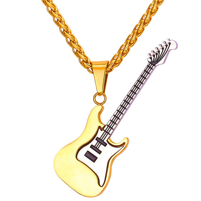 U7 Guitar Necklace For Men/Women Music Lover Gift Black/Gold Color Stainless Steel Pendant & Chain Hip Hop Rock Jewelry P810
