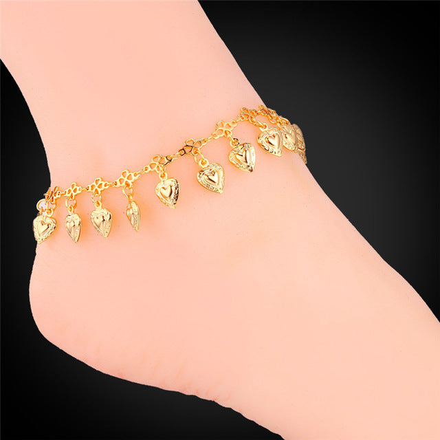 U7 Heart Charms Ankle Bracelet On Leg Gold Color Summer Jewelry Anklet Bracelet Foot Jewelry For Women Gift A318