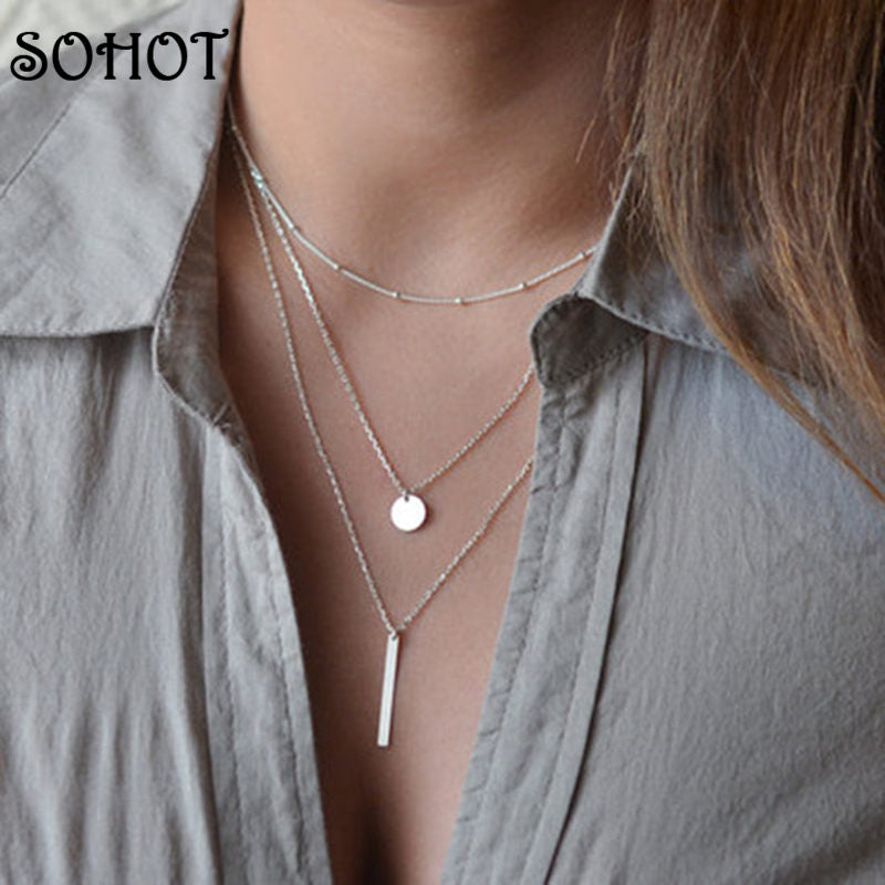 SOHOT Fashion Multi Layers Necklace Stick Pendant Choker Gold Silver Color Chain Women Party Jewelry Accessories