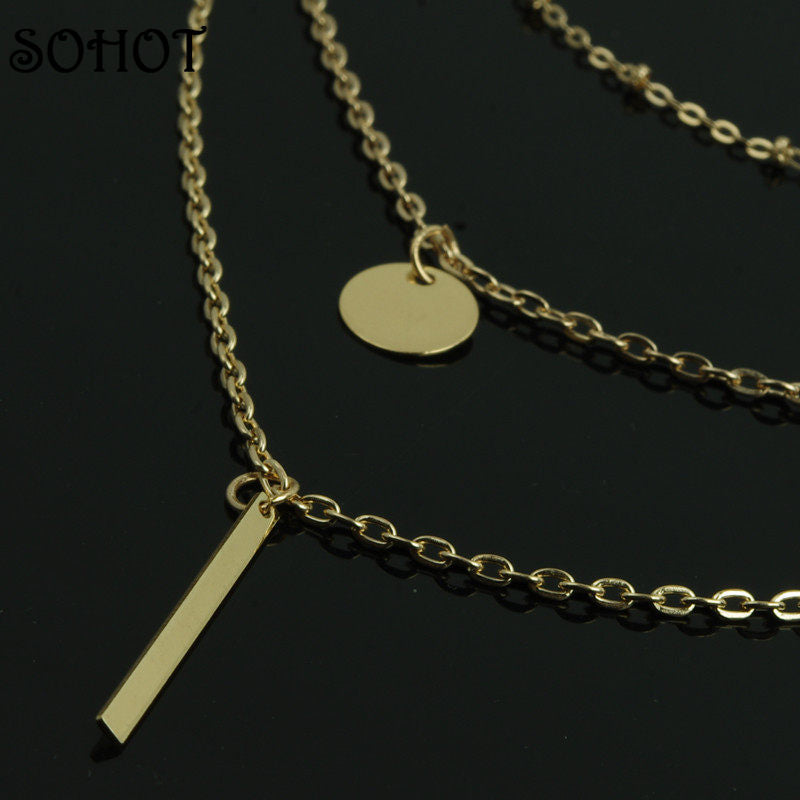 SOHOT Fashion Multi Layers Necklace Stick Pendant Choker Gold Silver Color Chain Women Party Jewelry Accessories