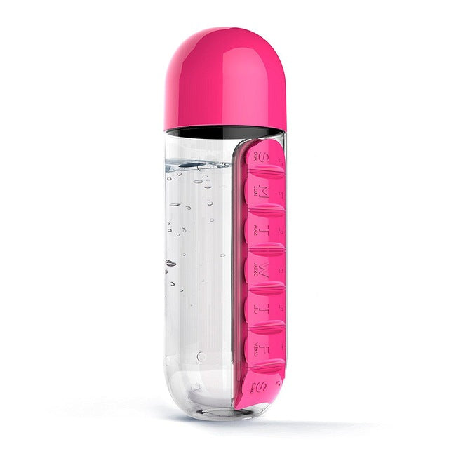 600 mL Plastic Water Bottle with Daily Pill Box Organizer