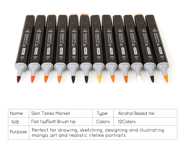 Soft Brush Alcohol Based Professional Sketch Marker Pens - 12 Colors