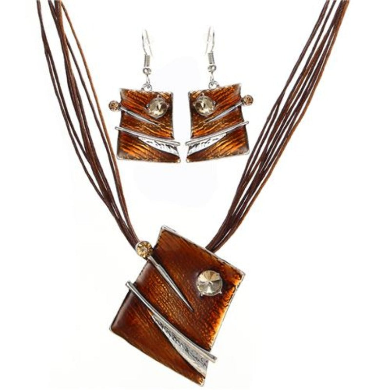 ZOSHI Fashion Jewelry Set Multilayer Leather Chain Square Pendant Necklaces Drop Earrings Jewelry Sets Women