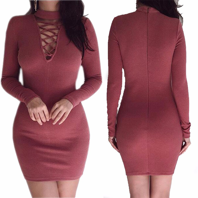 Autumn Dress Knitting Women Dresses Zipper O-neck   Knitted Dress Long Sleeve Bodycon Sheath Pack Hip Dress