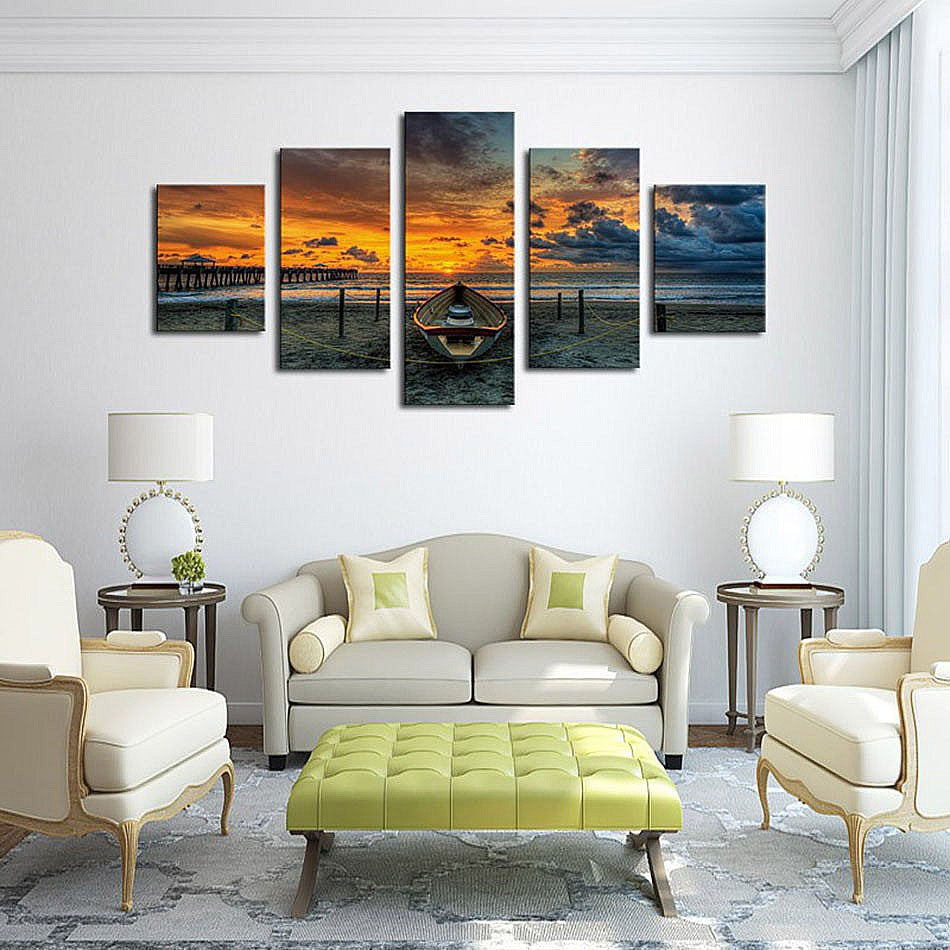 No Frame 5 Panel Seascape And Boat With HD Large Print Canvas Painting For Living Room Home Decoration Unique Gift Wall Picture