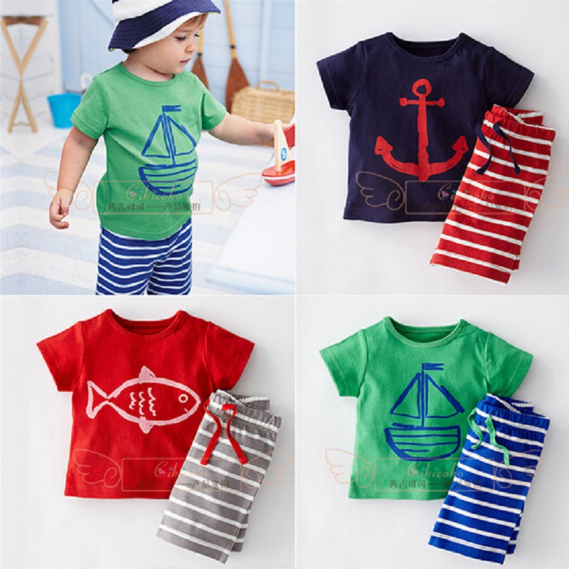 DT0233 Baby Boys Summer Clothing Set Boat Anchor Fish Striped Cotton Baby Boys Clothes Set T shirt Pant 2PCS Baby suits