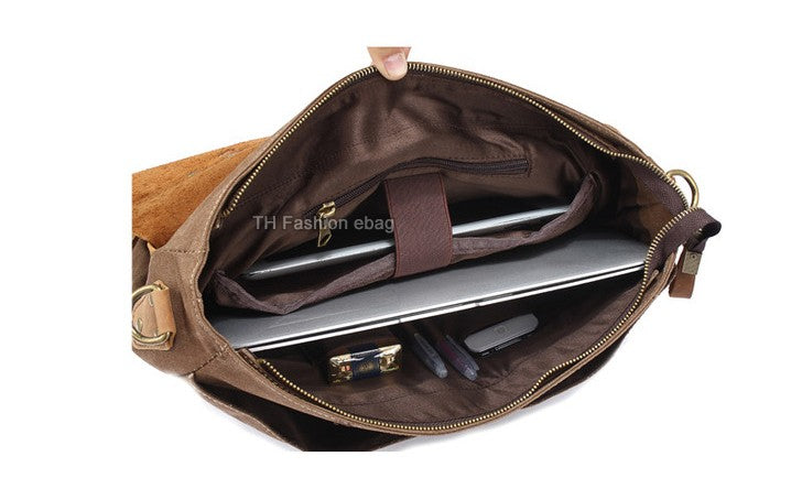 Vintage Leather + Canvas men briefcase Business bag Portfolio men office bag male canvas briefcase attache case document tote