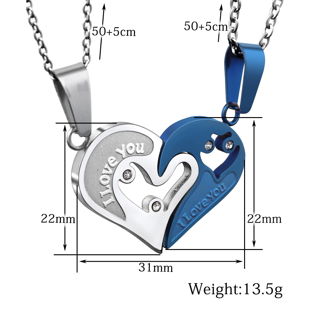 Two Colors Stainless Steel Mens Womens Couple Necklace Pendant Love Heart CZ Puzzle Matching