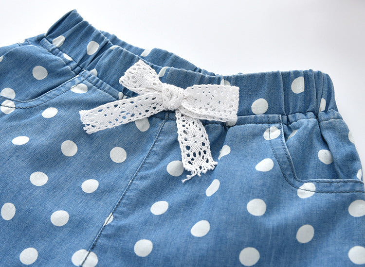 Summer Girls Denim Shorts Jeans Shorts Children Clothing Lovely Polka Dots Baby Western Cotton Linen Beachwear Pant 2-7Y