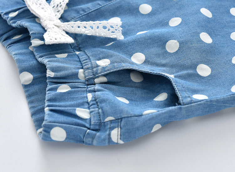 Summer Girls Denim Shorts Jeans Shorts Children Clothing Lovely Polka Dots Baby Western Cotton Linen Beachwear Pant 2-7Y