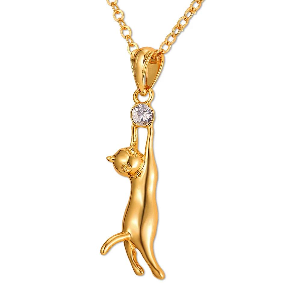 U7 Cute Cat Necklace & Pendant For Women Gift Silver/Gold Color Trendy Rhinestone Animal Pet Charm Jewelry