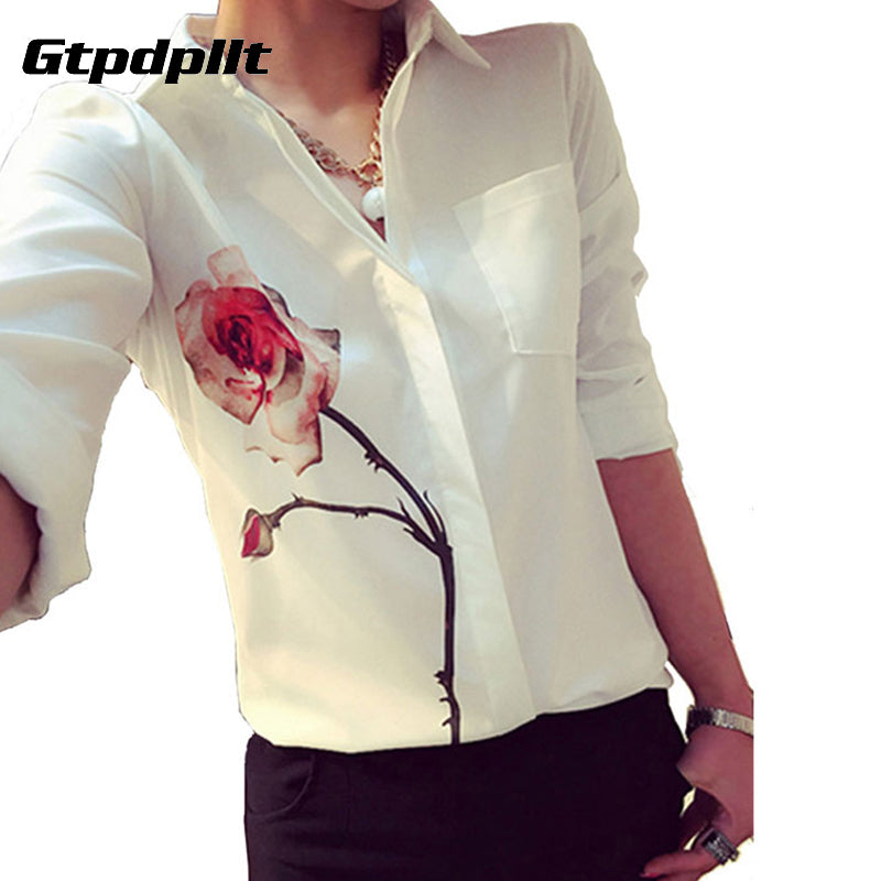 Autumn Rose Flower Printed Long Sleeve Blouse Women Turn Down Collar Chiffon Shirts White Women Clothes