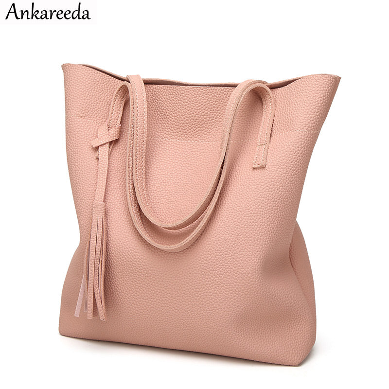 Ankareeda Women's Soft Leather Handbag High Quality Women Shoulder Bag Luxury Brand Tassel Bucket Bag Fashion Women's Handbags