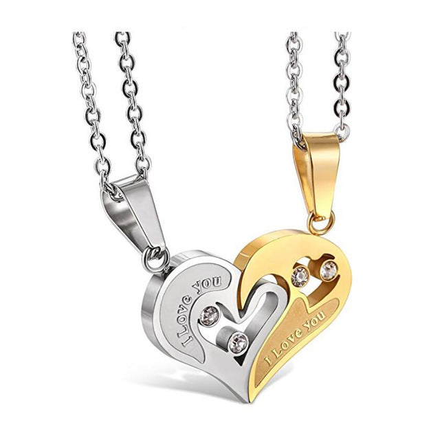 Two Colors Stainless Steel Mens Womens Couple Necklace Pendant Love Heart CZ Puzzle Matching