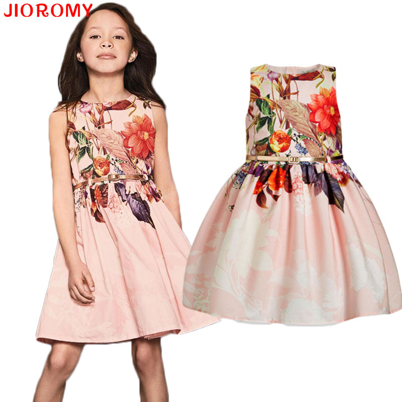 Girls Dresses Brand Kids Dresses Belts 2pcs Printed Flowers Children's Apparel Sleeveless Vest Dress Fashion