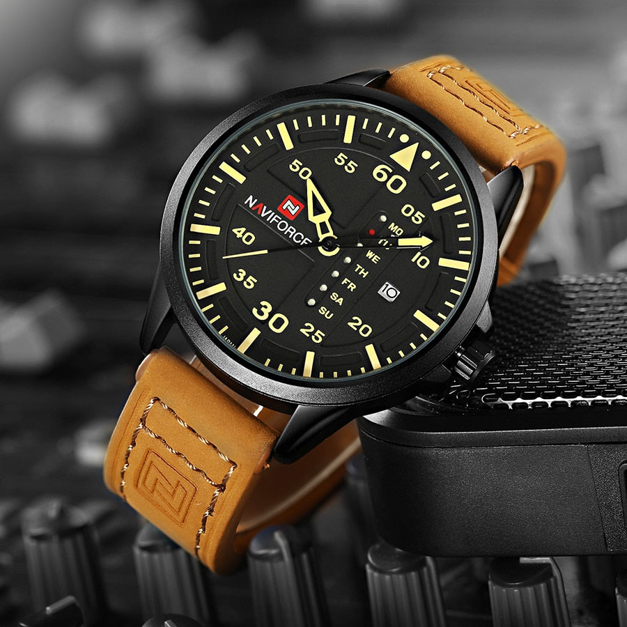 Men's Leather Military Styled Wrist Watch