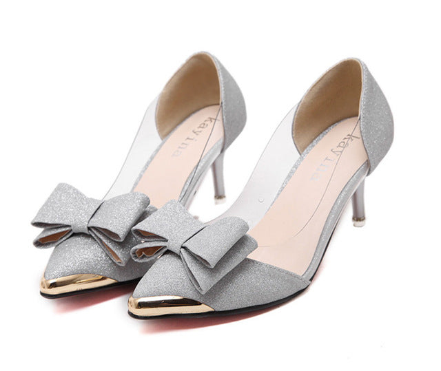 pumps Sequins butterfly Knot dress Low-heeled women high heels Pointed toe bridal wedding transparent high heels