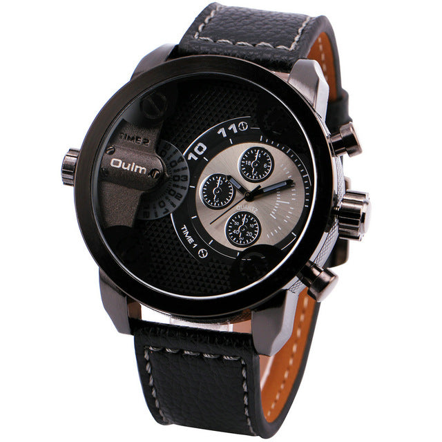 Men's Casual Leather Strap Military Quartz Wristwatch