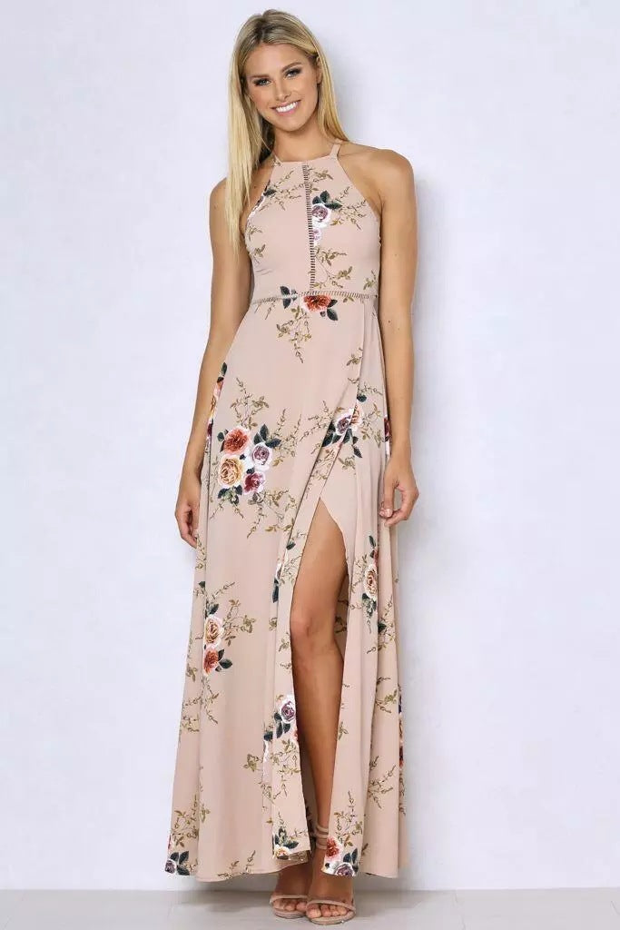 New  Floral Print Halter Chiffon Long Dress Women Backless Summer Maxi Dresses Vestidos   3 Colors Femme Split Beach Dress