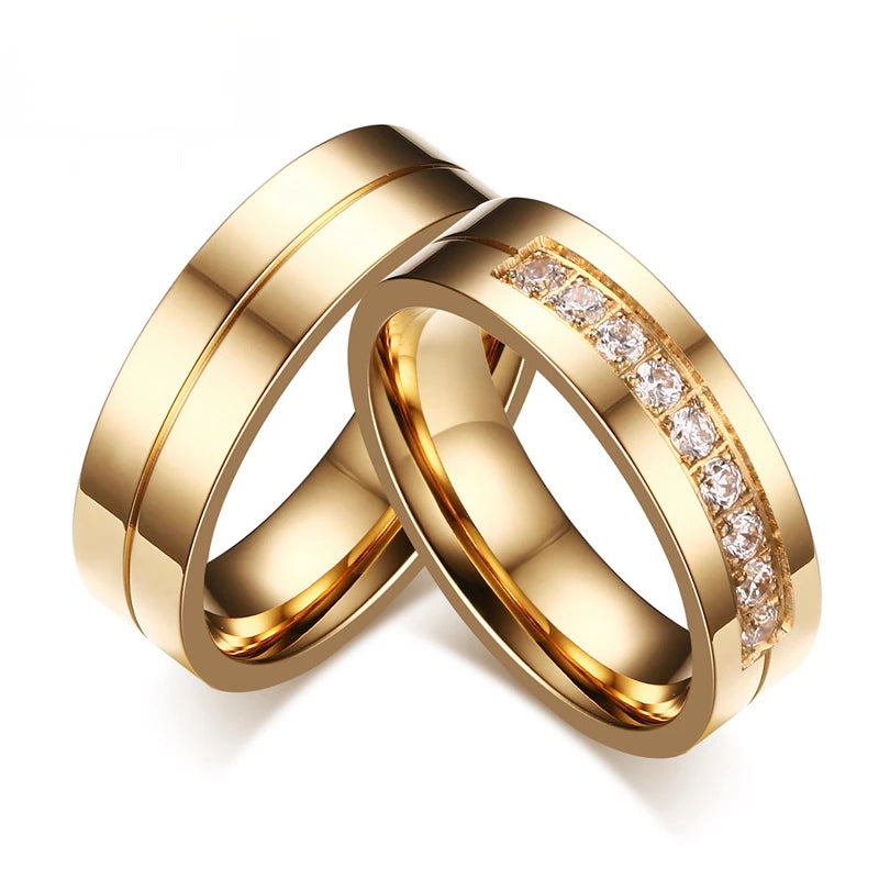 Vnox Trendy Wedding Bands Rings for Women / Men Love Gold-color Stainless Steel CZ Promise Jewelry