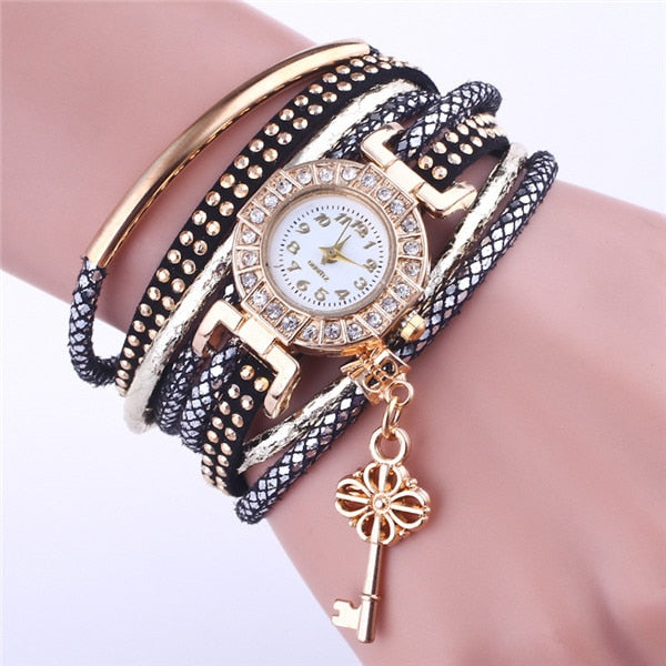 Women's Elegant Leather and Metal Multi-Banded Wristwatch with Key Charm