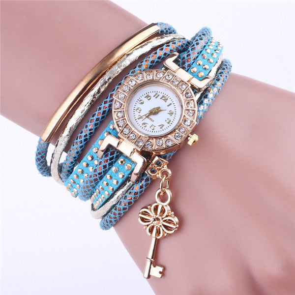 Women's Elegant Leather and Metal Multi-Banded Wristwatch with Key Charm