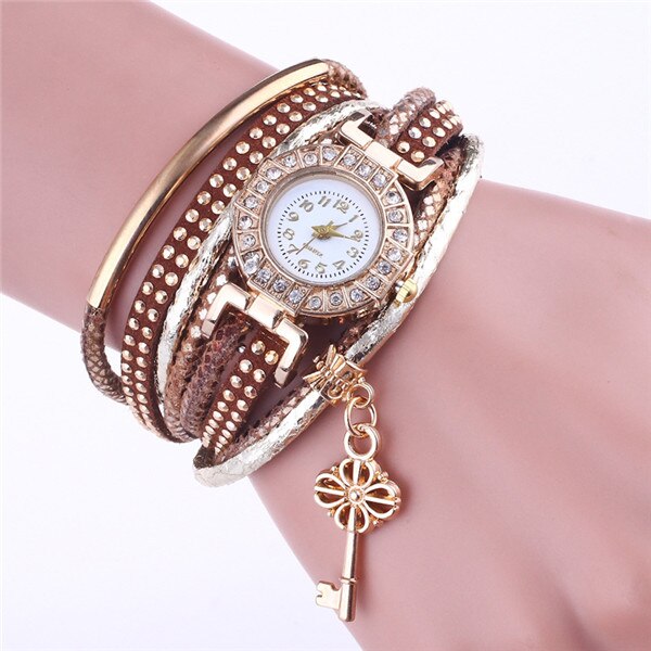 Women's Elegant Leather and Metal Multi-Banded Wristwatch with Key Charm