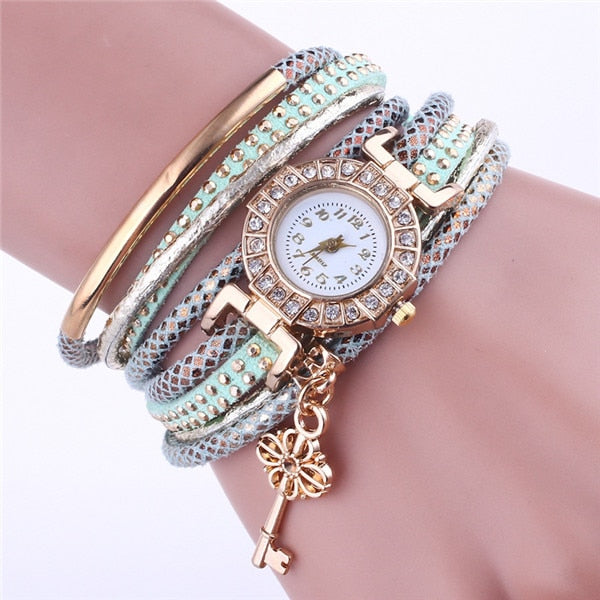 Women's Elegant Leather and Metal Multi-Banded Wristwatch with Key Charm