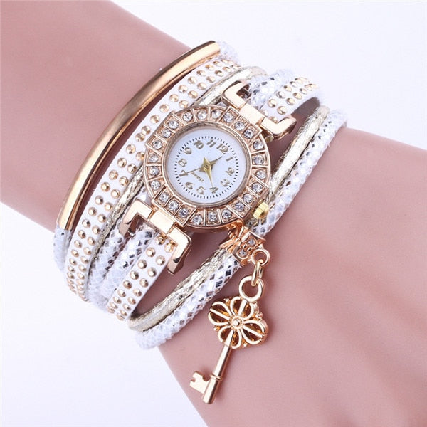 Women's Elegant Leather and Metal Multi-Banded Wristwatch with Key Charm