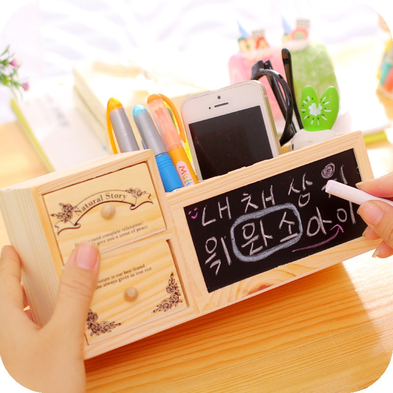 Wooden Desktop Pen Holder, Mini Chalkboard, Organizer