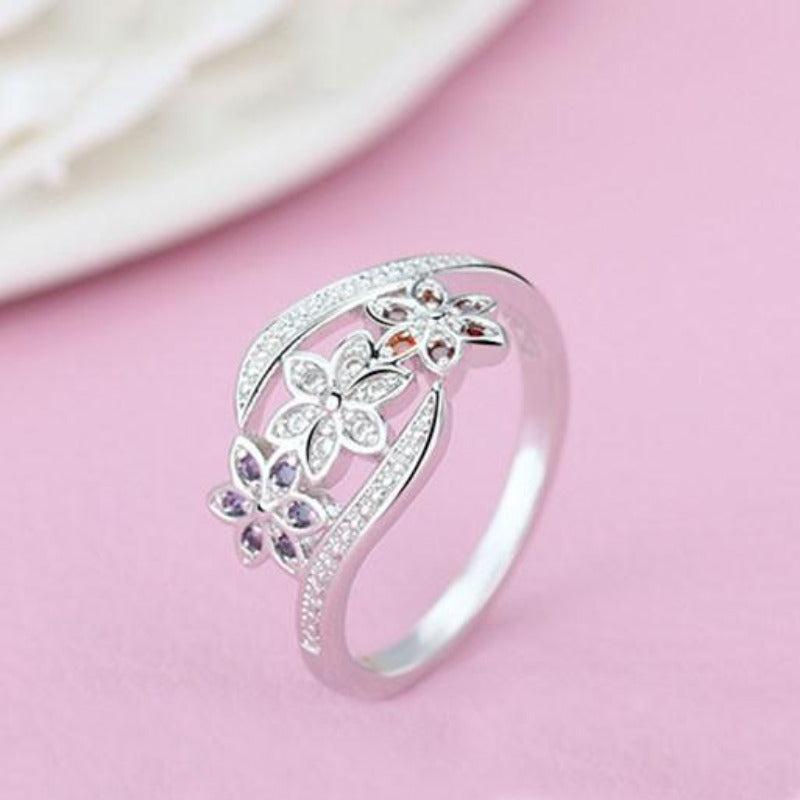 Funny Design Three Color CZ Flower Ring for Women Girls Fashion 925 Sterling Silver Ring Wedding Lady Jewelry Size 7 8 9