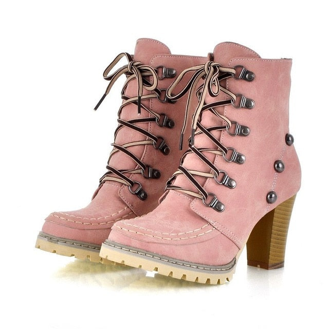 Women's High Heel Lace-Up Winter Boots