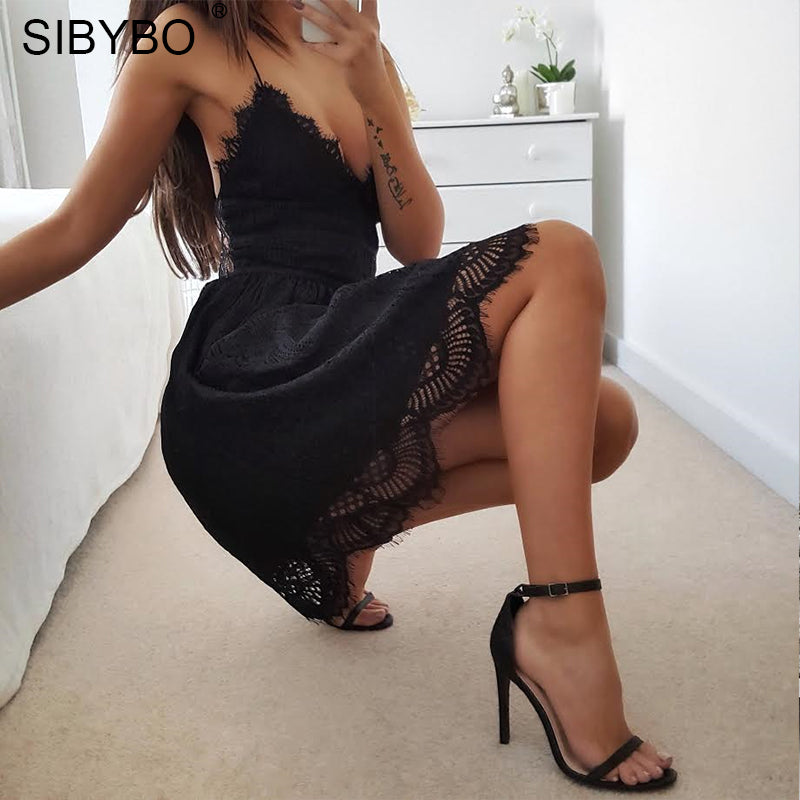 Sibybo Backless Spaghetti Strap   Lace Dress Women Sleeveless V-Neck Loose Summer Dress Cotton Black Elegant Party Dresses