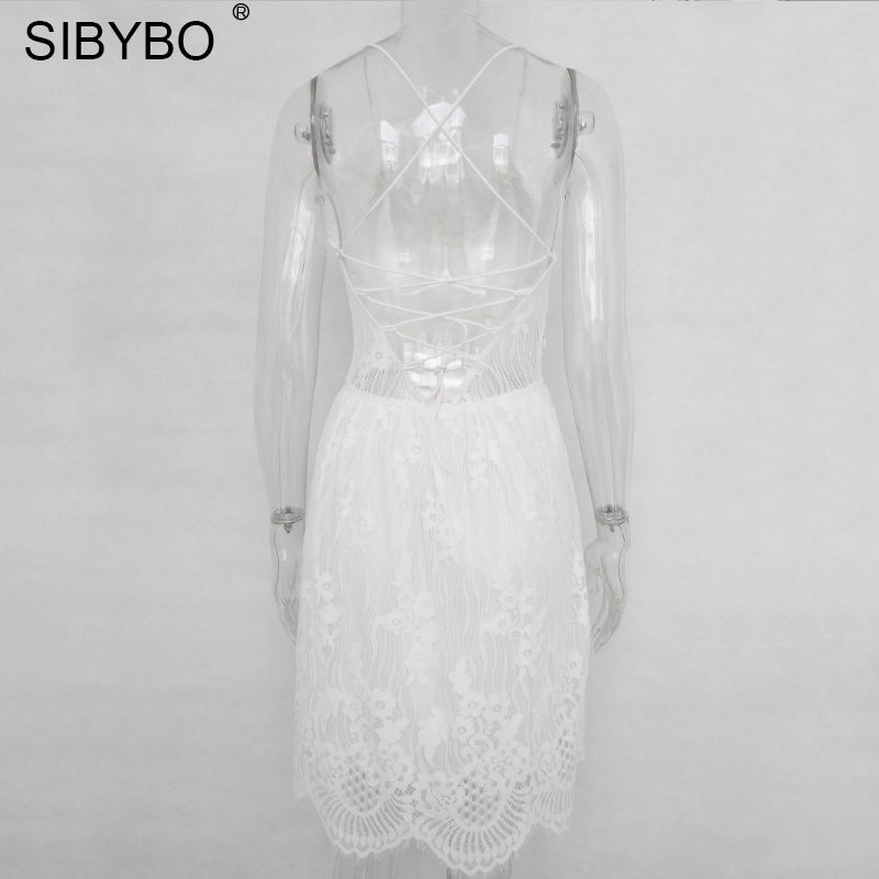 Sibybo Backless Spaghetti Strap   Lace Dress Women Sleeveless V-Neck Loose Summer Dress Cotton Black Elegant Party Dresses