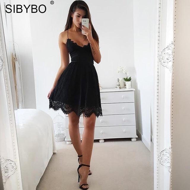 Sibybo Backless Spaghetti Strap   Lace Dress Women Sleeveless V-Neck Loose Summer Dress Cotton Black Elegant Party Dresses