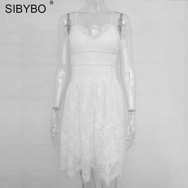 Sibybo Backless Spaghetti Strap   Lace Dress Women Sleeveless V-Neck Loose Summer Dress Cotton Black Elegant Party Dresses