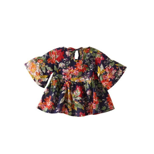 Baby Kids Girls Retro Floral Blouse Flare Sleeve O-neck Tops Shirt Party Ruffles Blouses