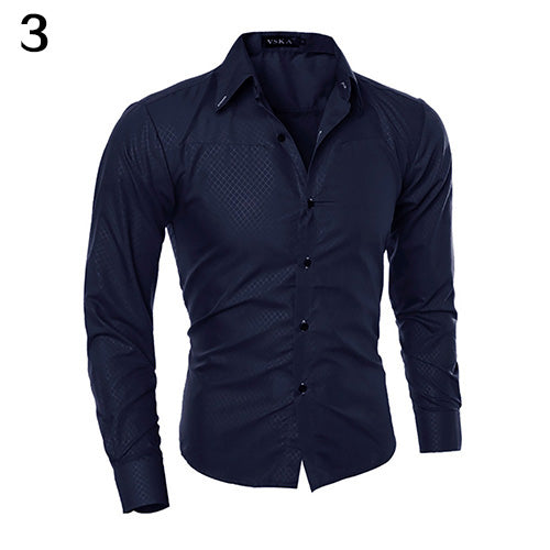 Men Fashion Dark Striped Business Slim Fit Long Sleeve Casual Dress Shirt