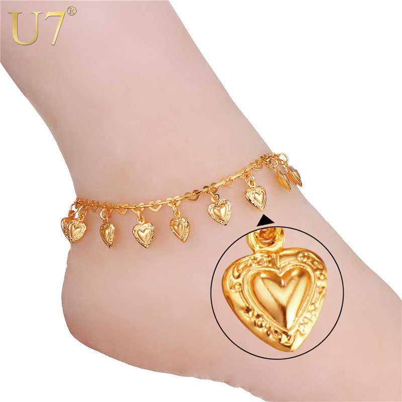 U7 Heart Charms Ankle Bracelet On Leg Gold Color Summer Jewelry Anklet Bracelet Foot Jewelry For Women Gift A318
