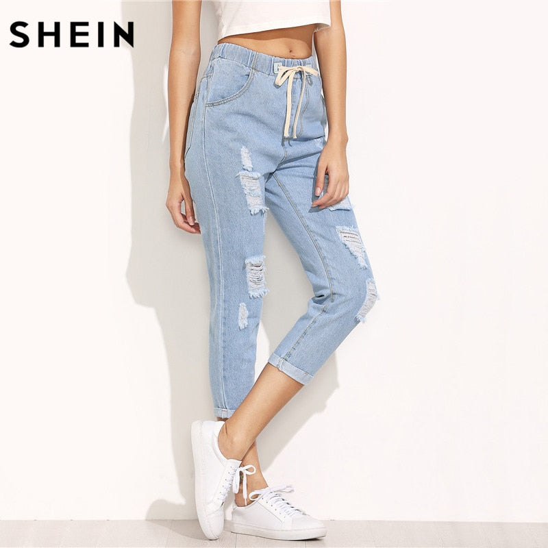 SHEIN Women Summer Pants Casual Trousers for Ladies Blue Ripped Mid Waist Drawstring Skinny Denim Calf Length Jeans