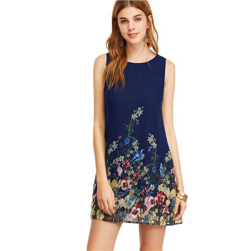 SHEIN Womens Dresses Navy Buttoned Keyhole Back Flower Print Scoop Neck Sleeveless A Line Dress