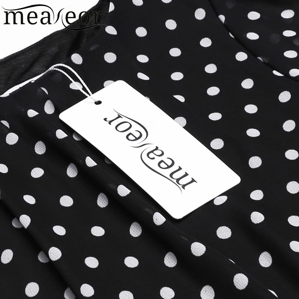 Meaneor Women Casual Dot Print Chiffon Summer Mini Dress Short Sleeve High Waist Back Zipper Girl Dress with Belt Vestidos