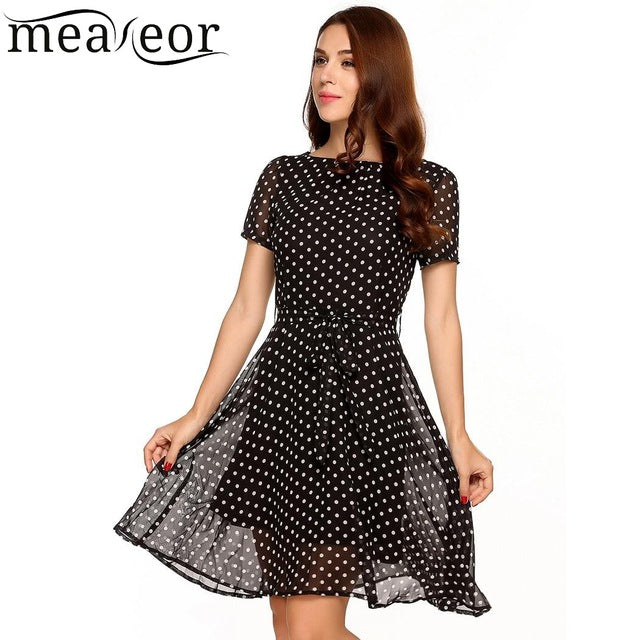 Meaneor Women Casual Dot Print Chiffon Summer Mini Dress Short Sleeve High Waist Back Zipper Girl Dress with Belt Vestidos