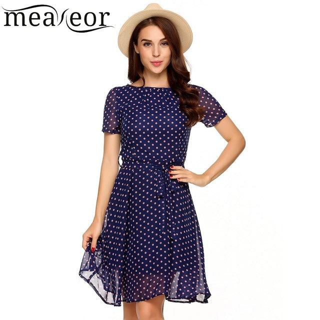 Meaneor Women Casual Dot Print Chiffon Summer Mini Dress Short Sleeve High Waist Back Zipper Girl Dress with Belt Vestidos