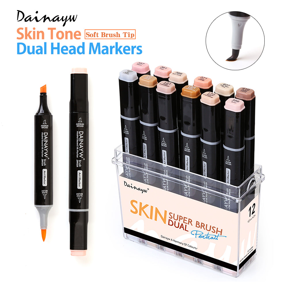 Soft Brush Alcohol Based Professional Sketch Marker Pens - 12 Colors